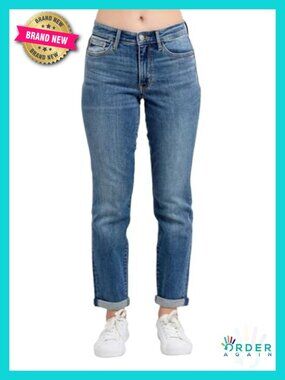Mid Rise Stretchy Boyfriend Jeans 5-Pocket Zip Fly Cuffed